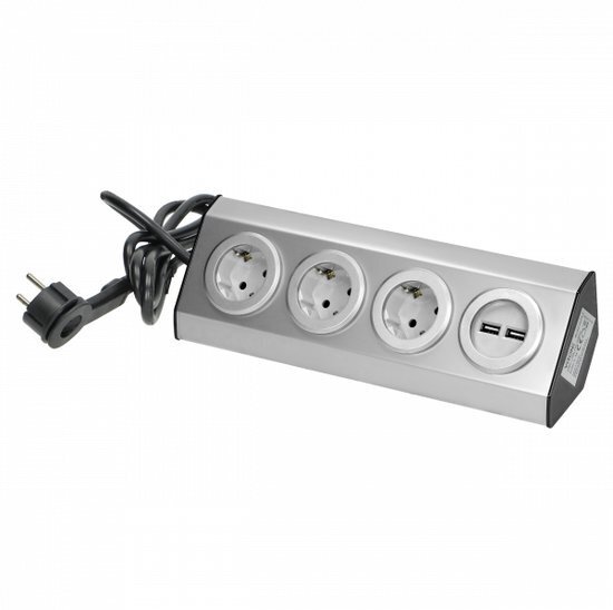 3 Stopcontact,  2 USB - 1,5 Meter kabel Zilver