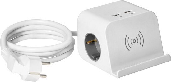 2 Stopcontacten, 2xUSB-A 2xUSB-C QI-Lader 1,4 Meter Kabel Wit