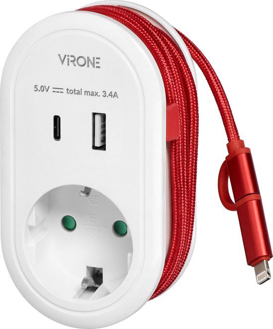 1x Schuko - Oplaadkabel 1xUSB-A 1xUSB-C  Randaarde