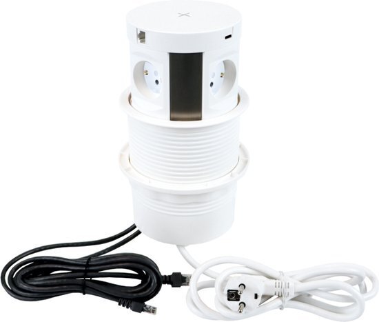 4 Stopcontacten, USB (A enC) Netwerkkabel Qi-oplader 1.7 meter kabel Wit