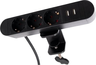 3 stopcontacten, 2x USB Tafelklem 2 Meter Kabel Zwart