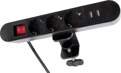 3 stopcontacten, 2x USB Tafelklem met schakelaar 2 Meter Kabel Zwart