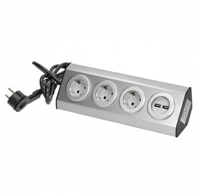 3 Stopcontact,  2 USB - 1,5 Meter kabel Zilver