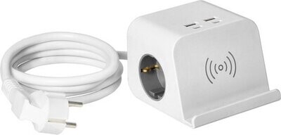 2 Stopcontacten, 2xUSB-A 2xUSB-C QI-Lader 1,4 Meter Kabel Wit