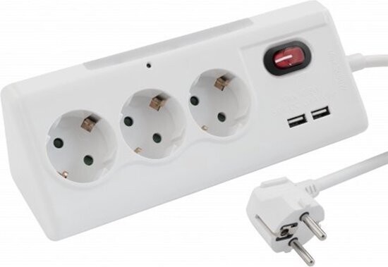 3 stopcontacten 2 USB - Bovenlamp 1,4 Meter Kabel Wit
