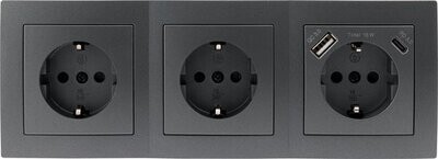 3 stopcontacten 1xUSB-A 1xUSB-C - 15 cm kabel Antraciet