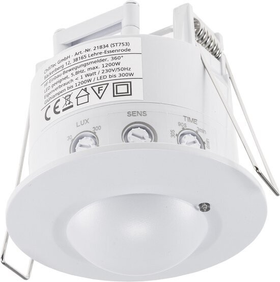 Inbouw Bewegingssensor IP20 - Bewegingsmelder voor binnen met detectiehoek 360° - Bewegingsdetector tot 1200 Watt - Wit