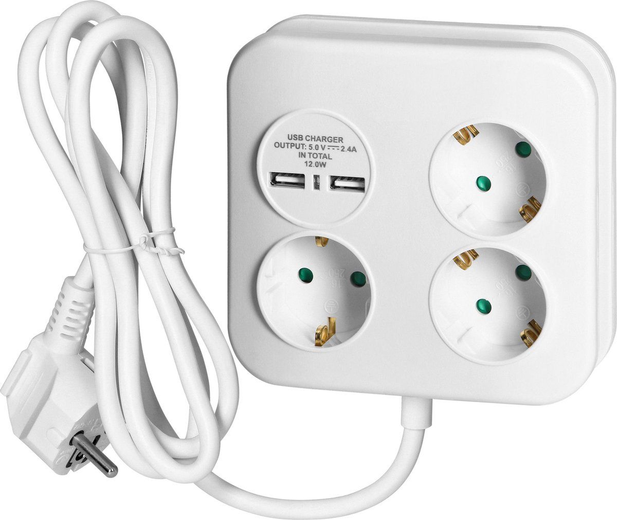 Stekkerdoos met  stopcontacten en 2 USB - max. 3680 Watt -  1,4 meter kabel - Wit