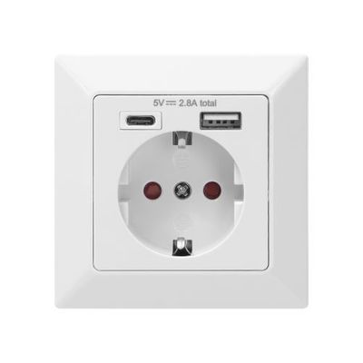 1 x Stopcontact  1xUSB-A 1xUSB-C Inbouw Randaarde Wit