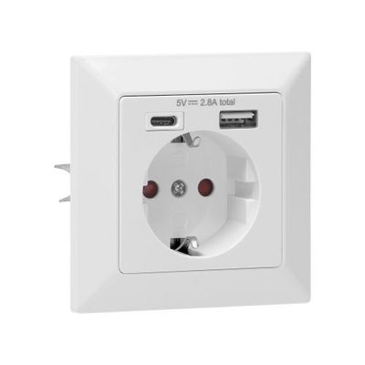 1 x Stopcontact  1xUSB-A 1xUSB-C Inbouw Randaarde Wit