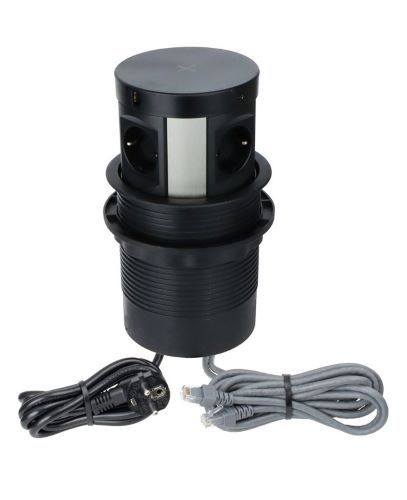 4 Stopcontacten, USB (A enC) Netwerkkabel Qi-oplader 1.7 meter kabel Zwart