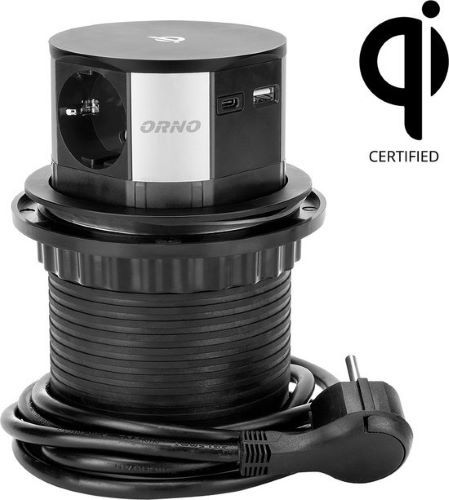 3 Stopcontacten, USB (A enC) Qi-oplader 1.5 meter kabel Zwart