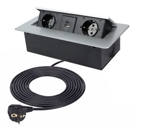 2 stopcontacten, 1xUSB-A 1xUSB-C - 3 meter kabel Zilver