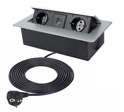 2 stopcontacten, 1xUSB-A 1xUSB-C - 3 meter kabel Zilver