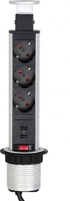 3 stopcontacten, 2x USB 1.8 meter kabel Aluminium