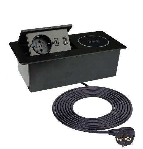 1 Stopcontact, USB (A enC) Qi-oplader 1,5 meter kabel Zwart