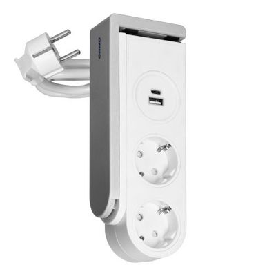 2 Stopcontact, USB-A, USB-C Tafelklem 1,4 Meter Kabel Wit