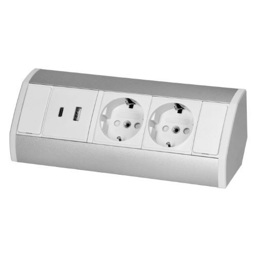 2 Stopcontacten - USB A en USB C - 60 cm kabel - Wit/Zilver