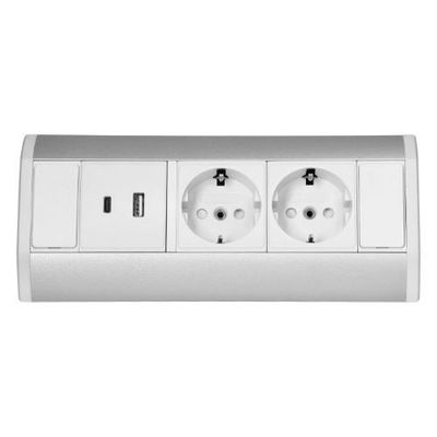 2 Stopcontacten - USB A en USB C - 60 cm kabel - Wit/Zilver