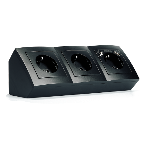 3 Stopcontacten, 2x USB-A - 15cm kabel - Zwart