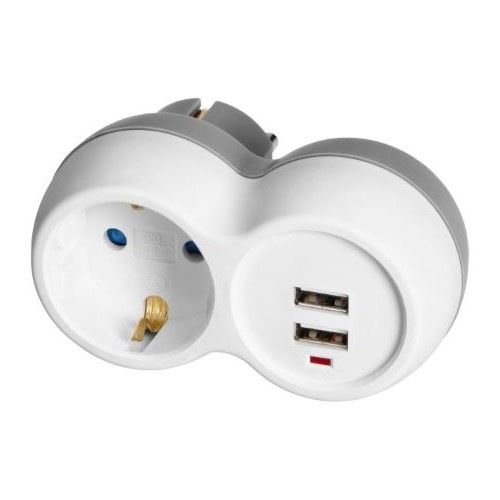 Contactsplitter -  1x Schuko 2x USB -Randaarde - Max.3680Watt