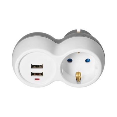 Contactsplitter -  1x Schuko 2x USB -Randaarde - Max.3680Watt