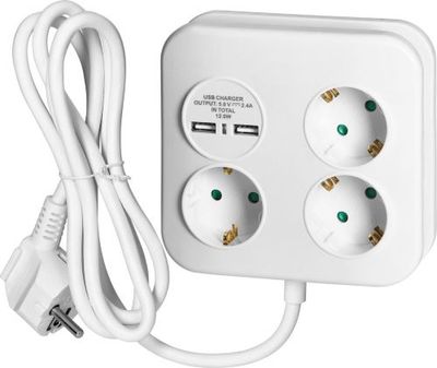 Stekkerdoos met  stopcontacten en 2 USB - max. 3680 Watt -  1,4 meter kabel - Wit