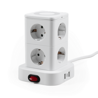 PowerTower 8xStopcontact 2xUSB-A 1xUSB-C Qi-lader -1,4Meter snoer