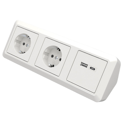 2 Stopcontacten, -ASB A en USB C - 15 cm kabel Wit