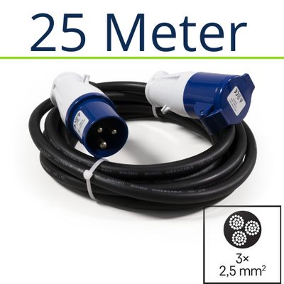 25 Meter - CEE-CEE (M/F) Verlengsnoer 3x2,5mm²