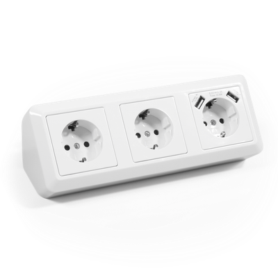 3 stopcontacten 2 USB - 15 cm kabel Wit