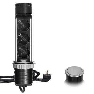 3 stopcontacten, 2x USB 1.5 meter kabel Zilver