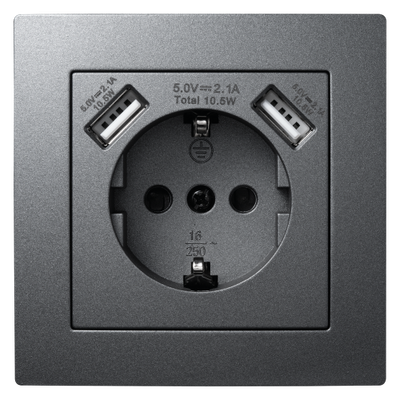 1 x Stopcontact  2x USB -Inbouw- Randaarde Antraciet