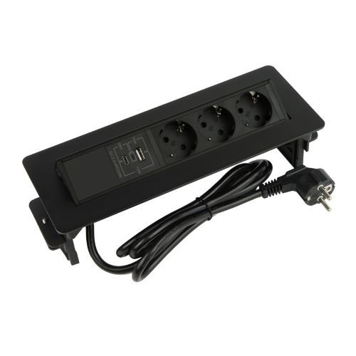 3 stopcontacten, 1xUSB-A 1xUSB-C 1,5 Meter kabel Zwart