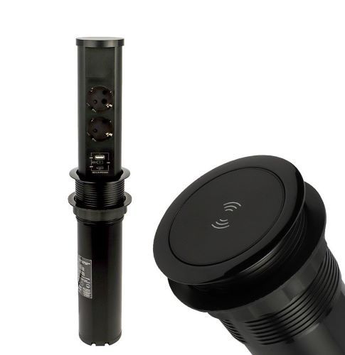 2 stopcontacten,  USB-A en USB-C  Qi-lader - Zwart