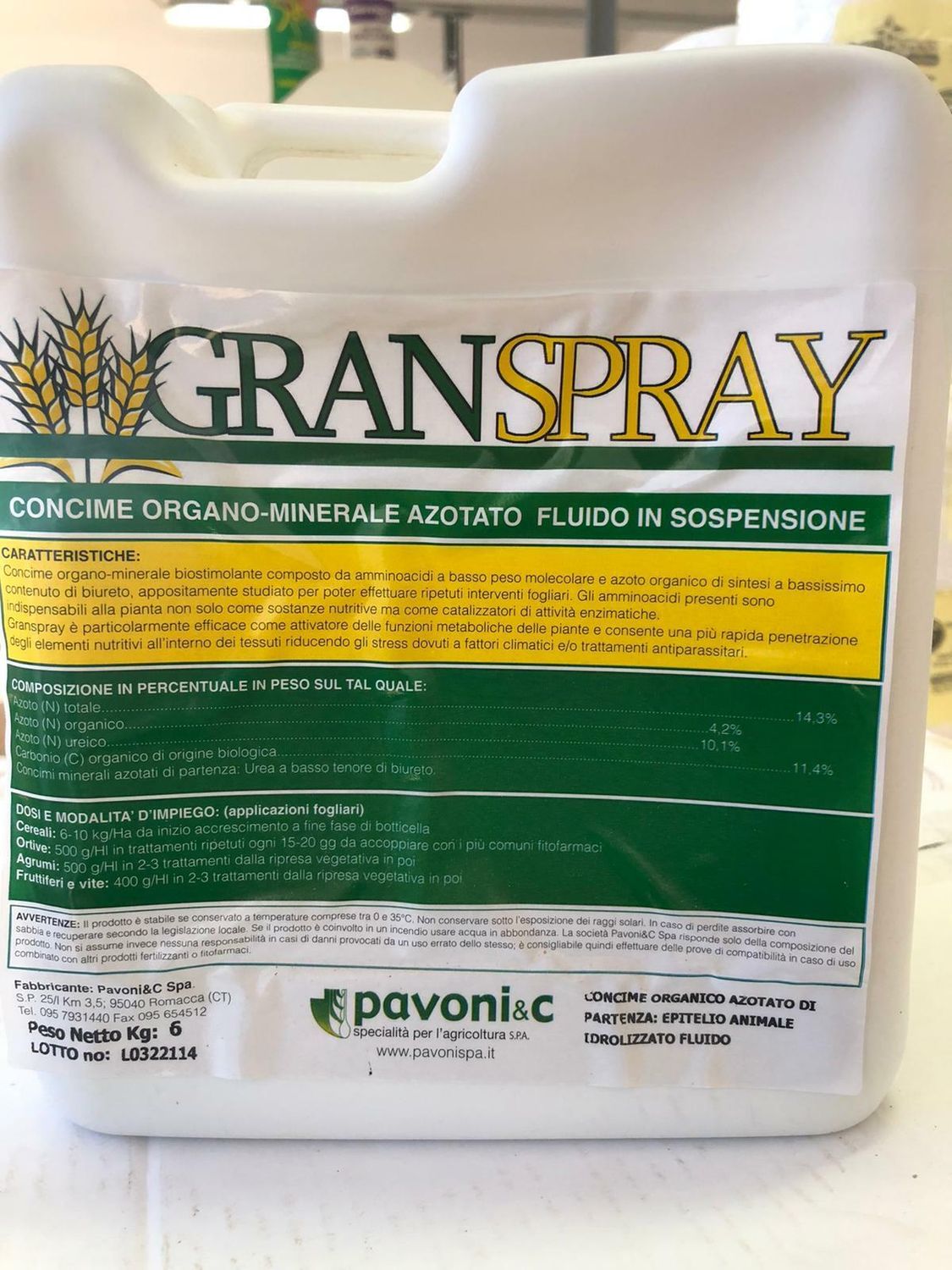 GRANSPRAY - CONCIME ORGANO-MINERALE AZOTATO - PAVONI - CONF. 6 KG