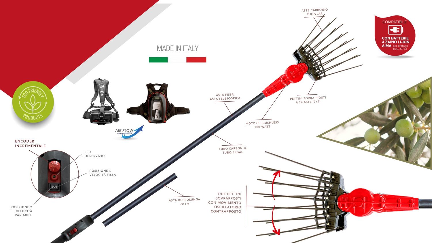 Abbacchiatore Scuotiolive Aima Tandem Premium 36-43 V - Asta fissa Ergal