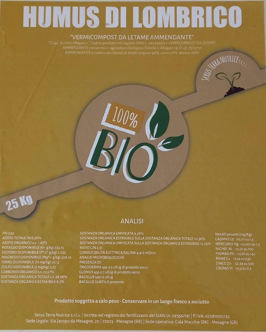 Concime-Vermicompost da Letame Ammendante-Humus di Lombrico-Sacco 25 kg -Bio
