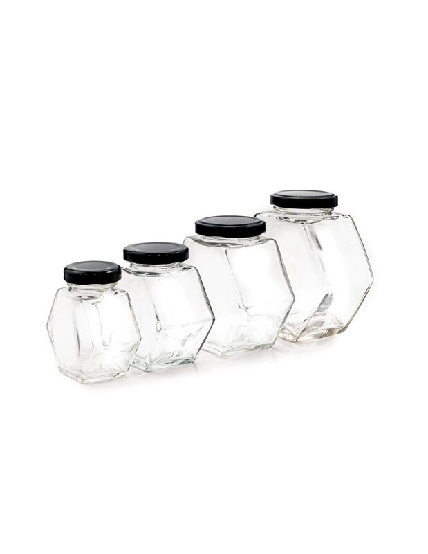 Hexagonal Jars with Black Lid, Size: 280 ml