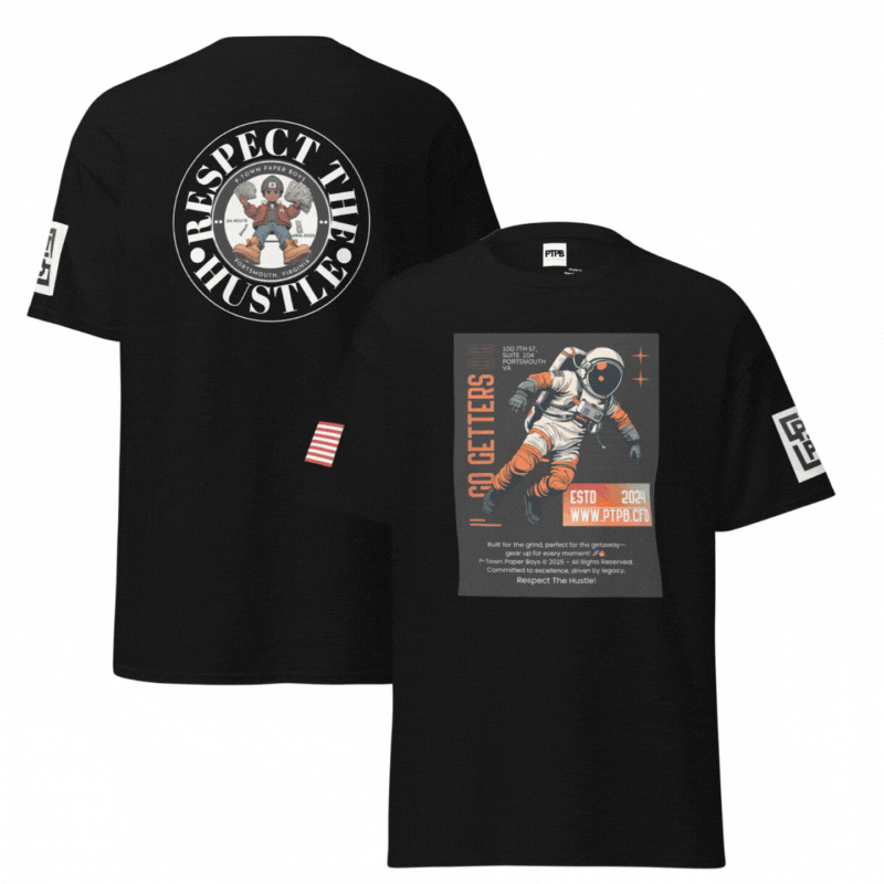 Unisex “GO GETTERS” tee from the Respect The Hustle line. Astronaut front, PTPB logo back. Multiple color options.