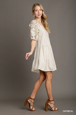 Oatmeal Linen Tiered Dress with 3D Lace Sleeves