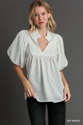 Jacquard High Neckline Blouse with Puff Sleeve