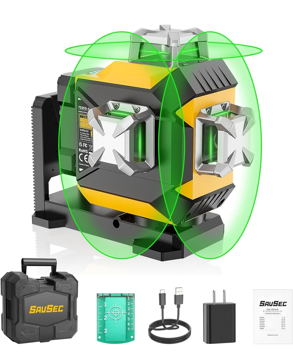 SAVSEC 703CG 12 Lines Laser Level, 3D Green Self-Level Laser Line Tool with Integrated Magnetic Bracket