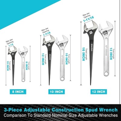 DURATECH 3-Piece Adjustable Construction Spud Wrench Set, 8-inch, 10-inch, 12-inch, Black Oxide Finish, CR-V Steel, SAE and Metric Scale Marked, Alignment Holes and Tail Crowbar Features