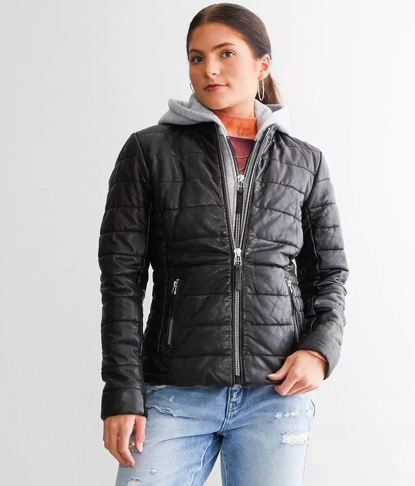 Leather Women&#39;s Puffer With Removable Hood