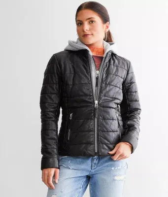 Leather Women&#39;s Puffer With Removable Hood