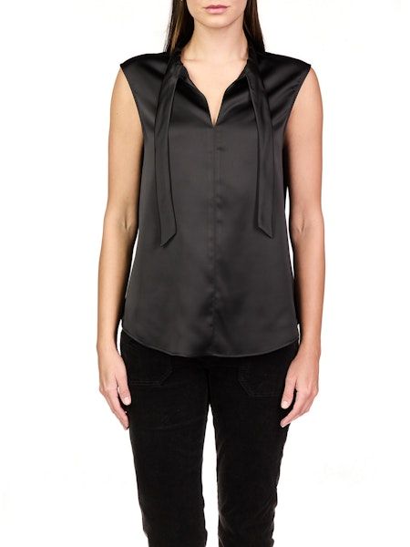 Tie Neck Satin Shell Black