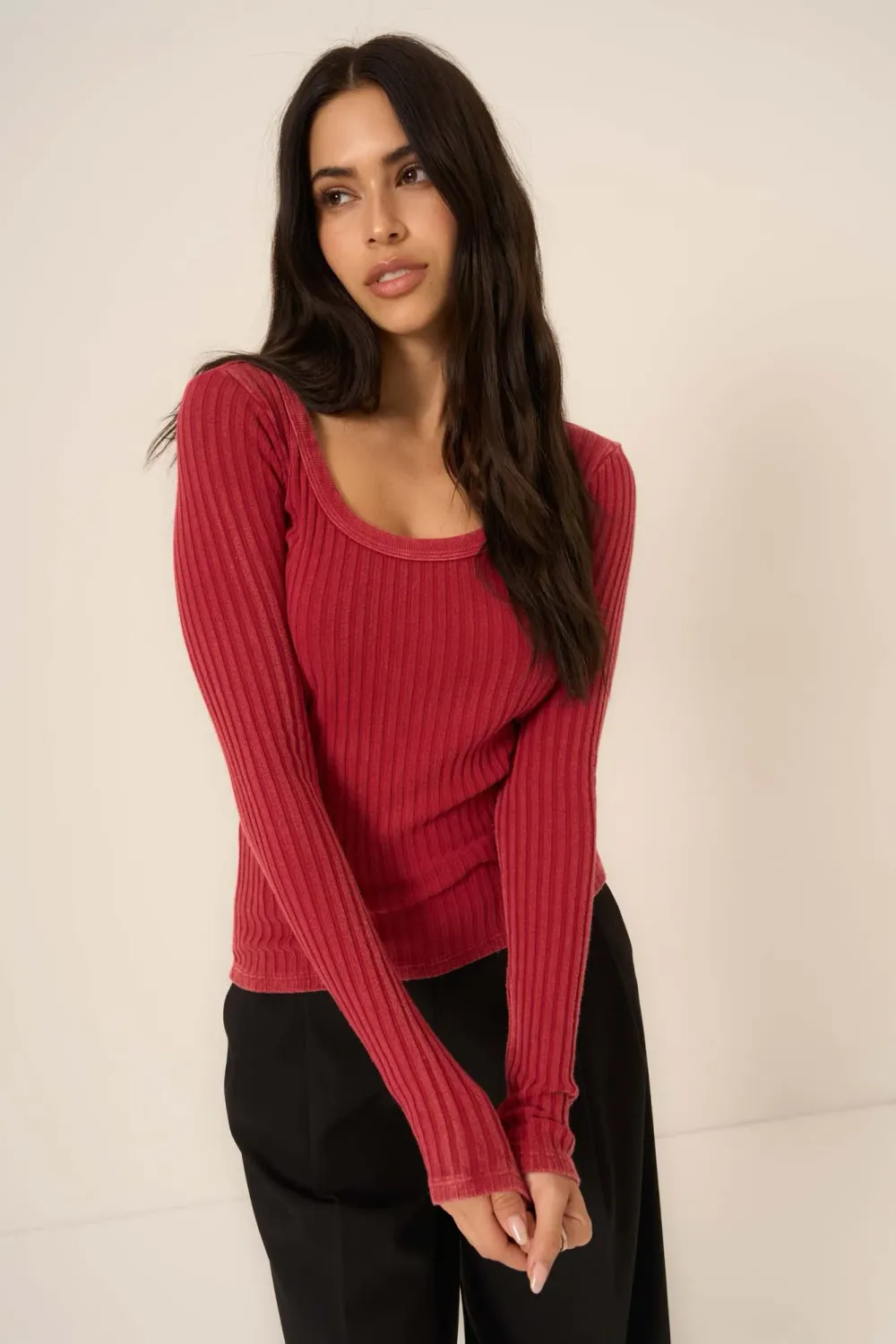 What&#39;s The Scoop Washed Rib Long Sleeve