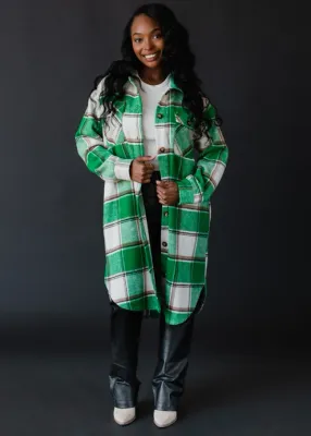 Green, White &amp; Tan Plaid Long Flannel