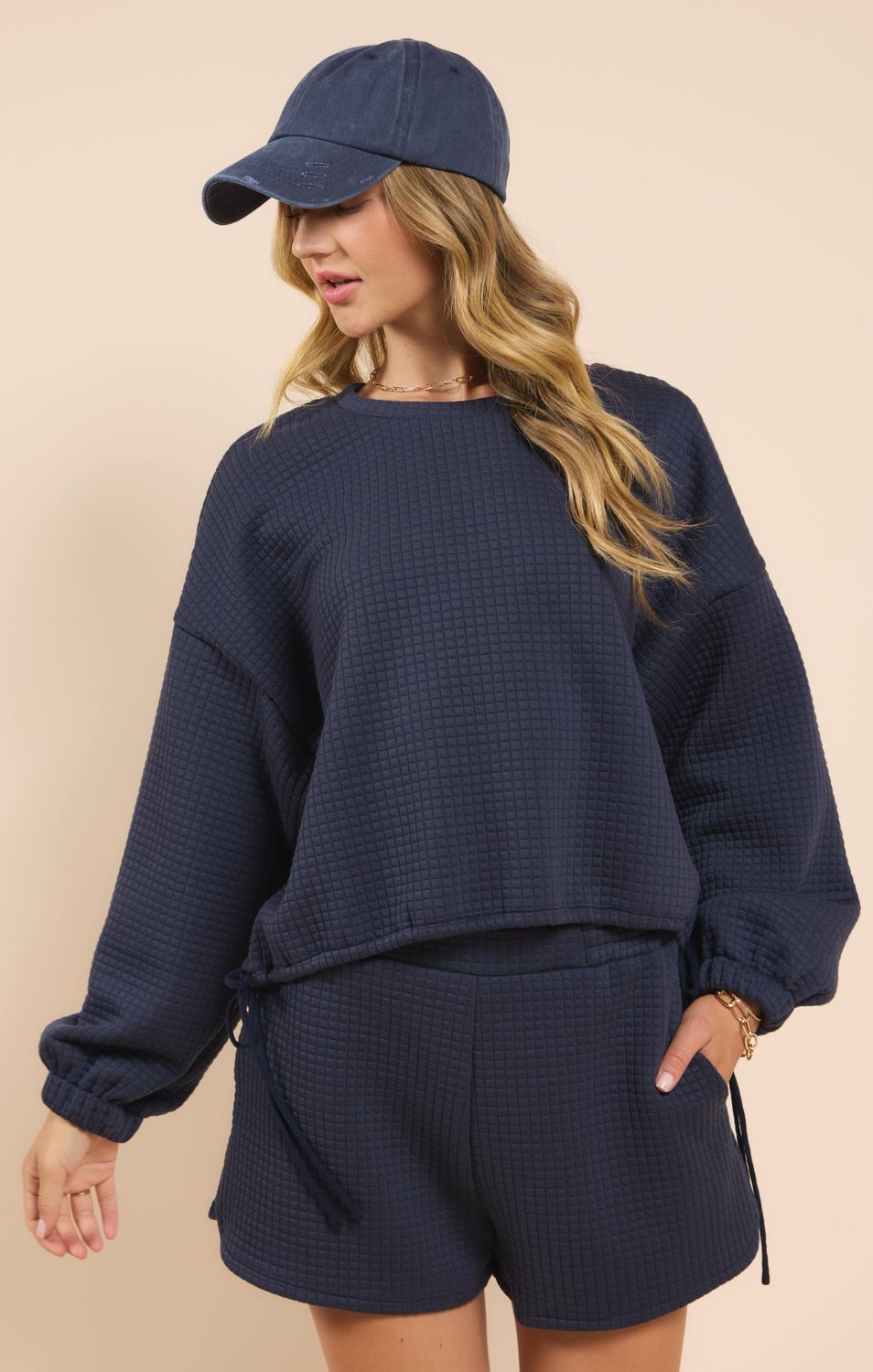 Past time textured terry side tie pull-over